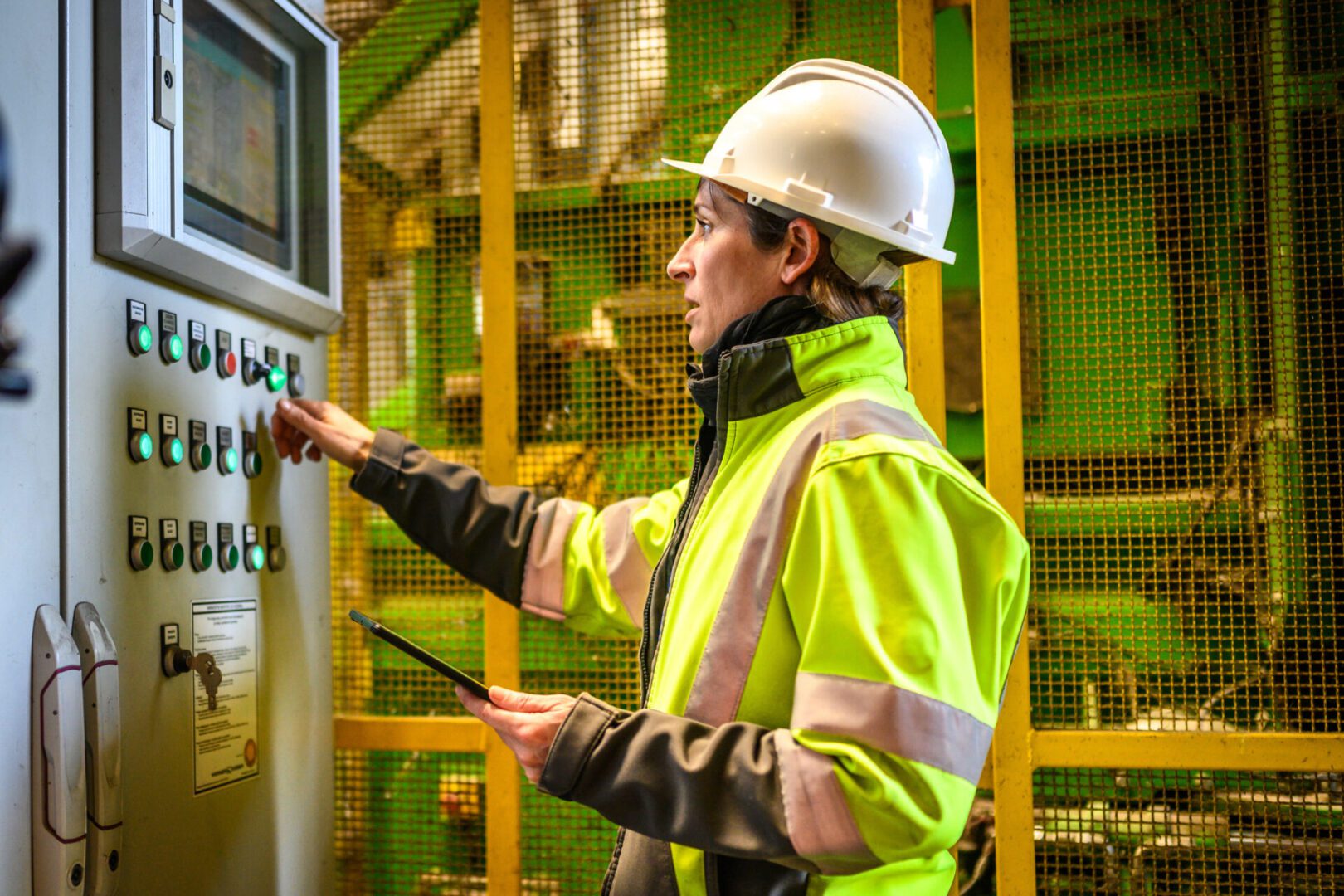 A detail shot of a diligent worker in a high-visibility jacket and safety helmet monitors a control panel, ensuring seamless operations at a recycling center. Her focused attention underscores the importance of quality control and environmental responsibility, highlighting the critical role of diligent oversight in sustainable practices.
